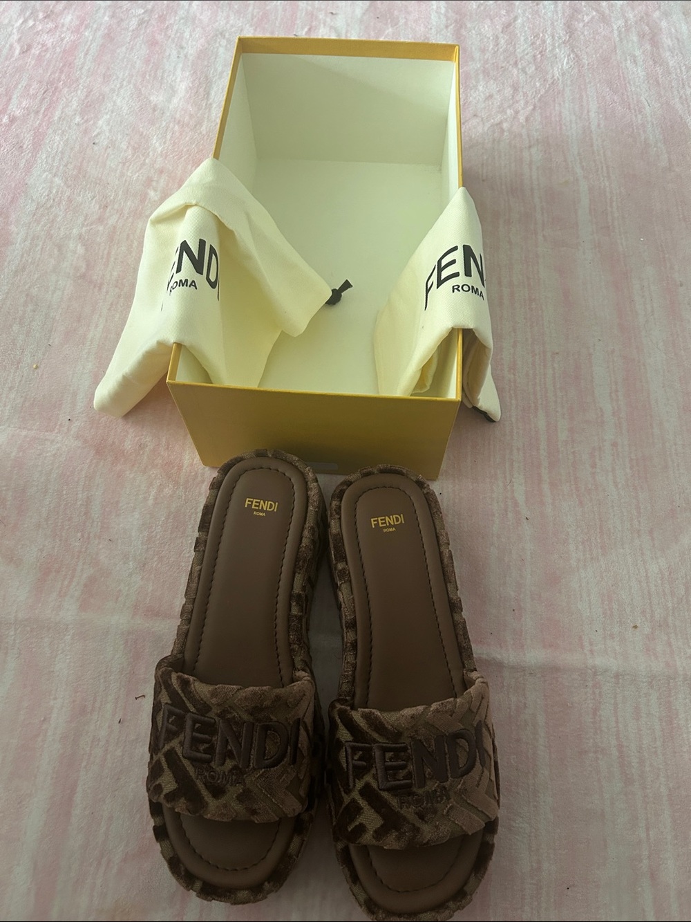 Fendi Brown Logo Plush Slide Mules